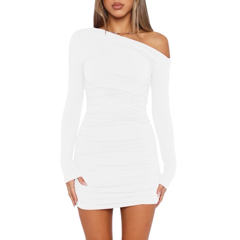 White Ruched One Shoulder Long Sleeve Bodycon Dress - Women’s Size Small